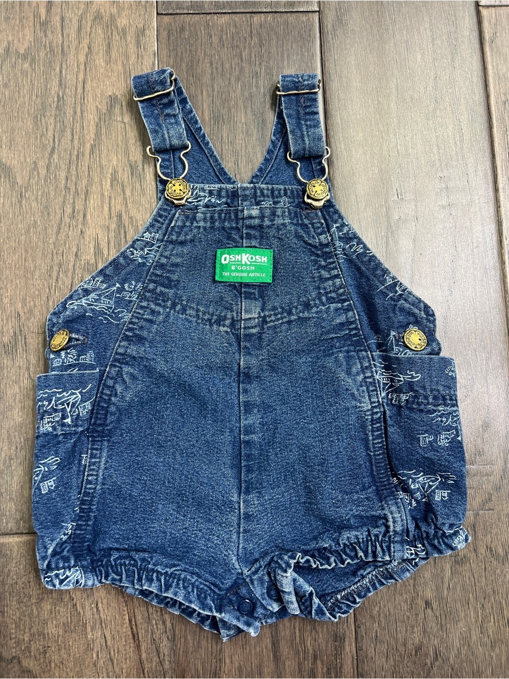 Vintage OshKosh B'gosh Made in USA Sailboat Denim Romper Sunsuit Overalls 18M